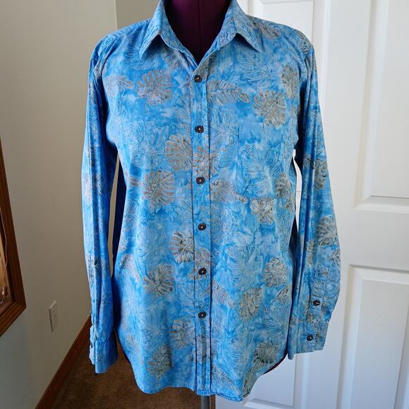 Pete Huntington Handcrafted Bali Batik Shirt L long sleeve blue ferns button-up - Picture 14 of 14